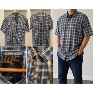 Walnut Creek Men's 2XLT Blue Gray Plaid Button Front Short Sleeve Shirt Tall